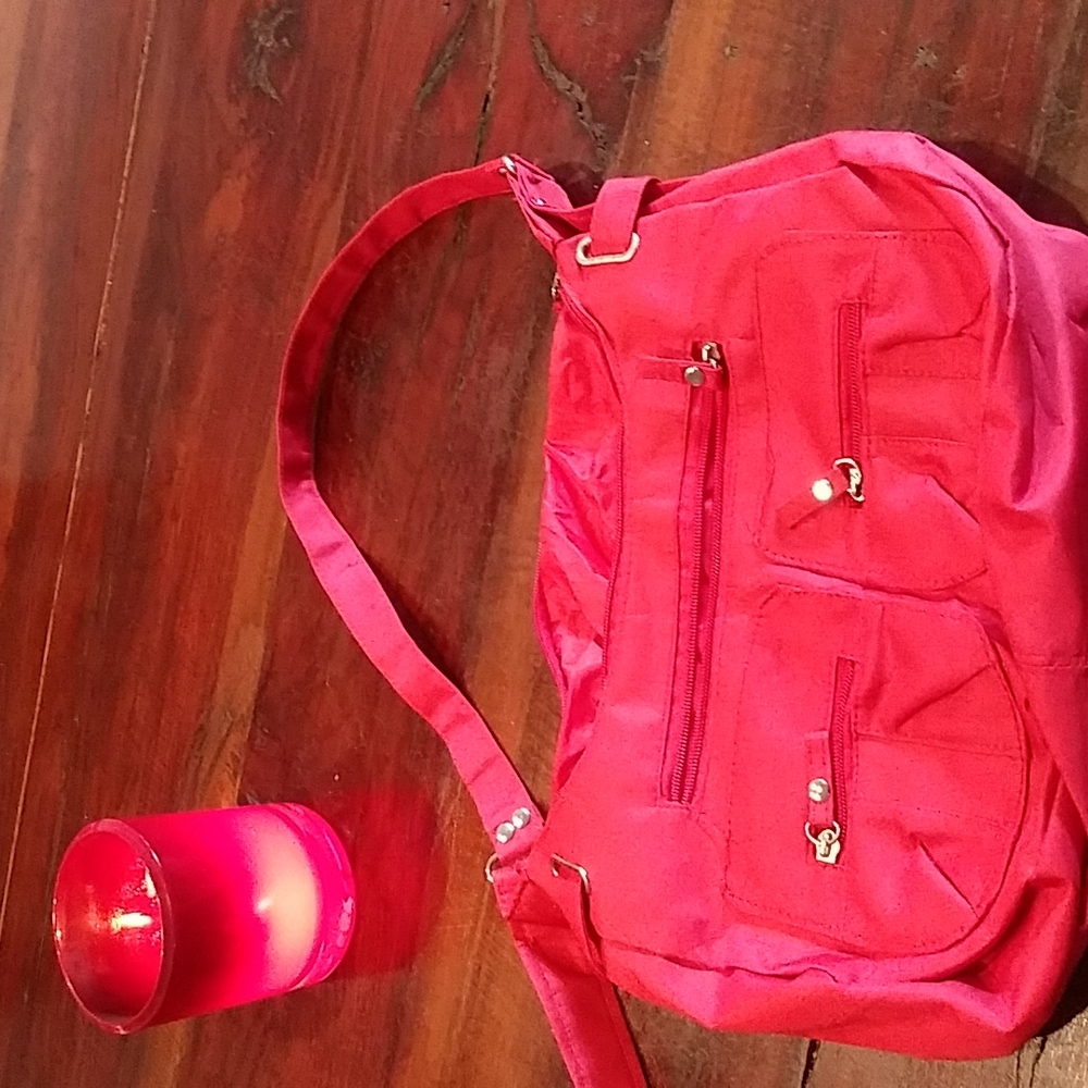 Red canvas handbag